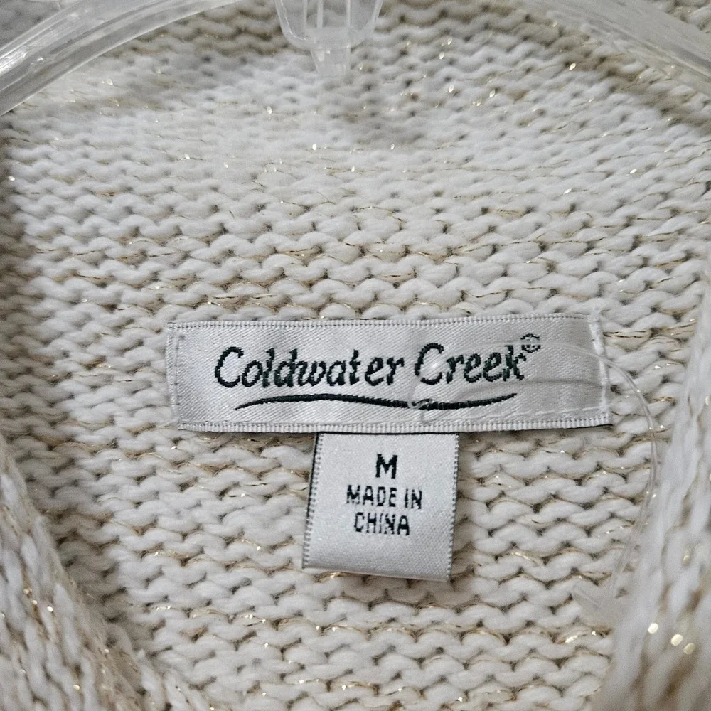 Coldwater Creek Cream Gold Metallic Cable Knit Turtleneck‎ Sweater Rabbit Hair M
